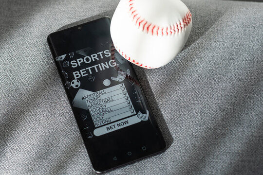 Smartphone with baseball ball and field on the screen. Sports theme and applications. Isolated on white background.