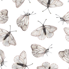 White Butterfly seamless pattern. Hand drawn Watercolor illustration on isolated background. Vintage wrapping paper with wing ornament. For the design of textiles or wallpaper for the children's room