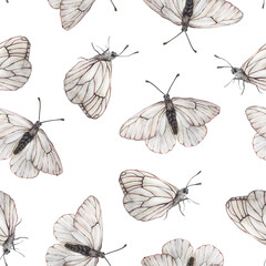 Naklejka premium White Butterfly seamless pattern. Hand drawn Watercolor illustration on isolated background. Vintage wrapping paper with wing ornament. For the design of textiles or wallpaper for the children's room