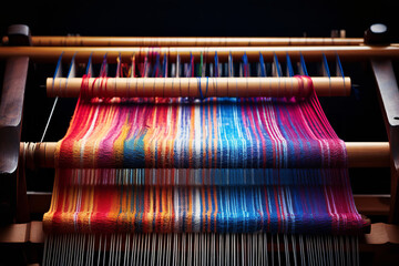 The dance of colorful threads on an old weaving machine, creating a textile with traditional charm and artistry