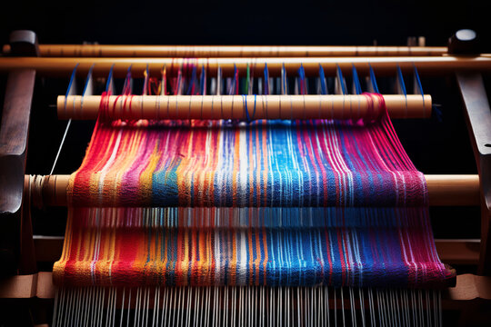 The dance of colorful threads on an old weaving machine, creating a textile with traditional charm and artistry