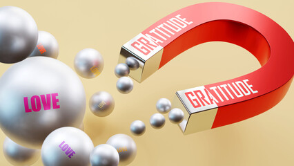 Gratitude which brings Love. A magnet metaphor in which gratitude attracts multiple parts of love. Cause and effect relation between gratitude and love.,3d illustration - obrazy, fototapety, plakaty