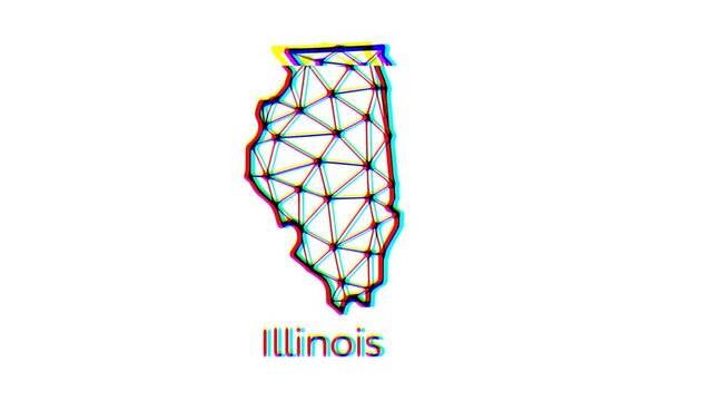 Illinois state map animation in polygonal style with glitch effect, 4k resolution video, US states motion graphics