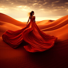 beautiful woman in a long red dress stands in the middle of a desert landscape with high sand dunes