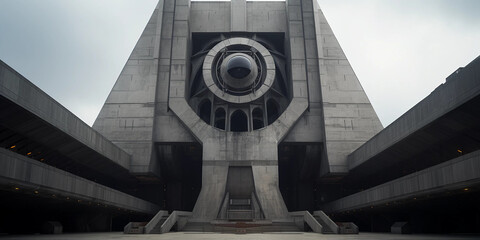 A Modern Totalitarian Building With a Large Watchful Eye Backdrop