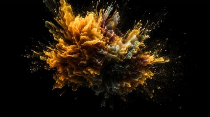 Gold Paint Splashes Ignite a Fantastical Explosion on a black background, Illuminating Free Space with Artistic Magic. Generative AI