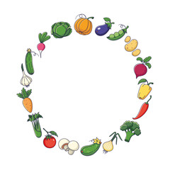 Cute vegetables set in cartoon style. Decorative round frame. Outline Vegetables collection. Vector illustration isolated on white background. Circle border.
