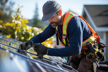 A handyman installing solar panels on the rooftop 