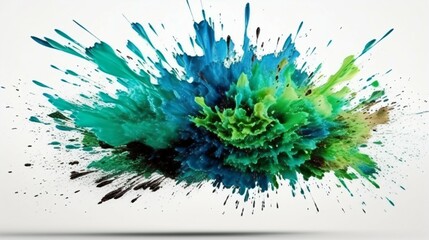 Green and blue Paint Splashes Erupt in a Fantasy Explosion on a white background Canvas, Creating a Colorful Symphony in Free Space. Ganerative AI