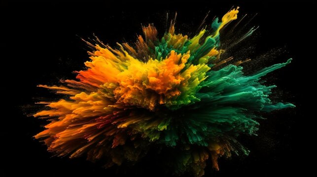 Green and orange Paint Splashes Erupt in a Fantasy Explosion on a Black background Canvas, Creating a Colorful Symphony in Free Space. Ganerative AI