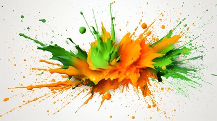 Green and orange Paint Splashes Erupt in a Fantasy Explosion on a White background Canvas, Creating a Colorful Symphony in Free Space. Ganerative AI