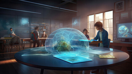 Modern futuristic classrom scene with hologram learning experience