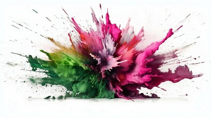 A Flourish of green and Pink Paint Splashes Ignites a Fantasy Explosion on a white background, Enveloping Free Space in Creative Energy. Generative AI