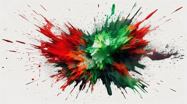 A Flourish of green and red Paint Splashes Ignites a Fantasy Explosion on a white background, Enveloping Free Space in Creative Energy. Generative AI