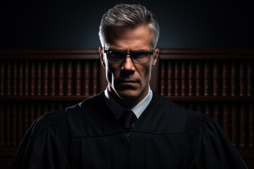 Fototapeta premium Male judge on dark background with a place for text 