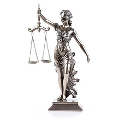 Metal statue of lady justice blindfolded with scales isolated on white 