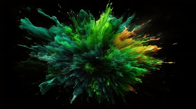 A Flourish of green Paint Splashes Ignites a Fantasy Explosion on a black background, Enveloping Free Space in Creative Energy. Generative AI