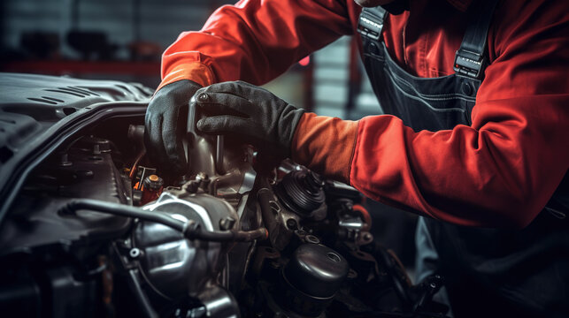 A professional mechanic working on a car engine in a garage. Car repair service. Hands wear mechanic gloves. Mechanic holding a tool to tighten the nut. Engine cover.
