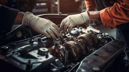 A professional mechanic working on a car engine in a garage. Car repair service. Hands wear mechanic gloves. Mechanic holding a tool to tighten the nut. Engine cover.