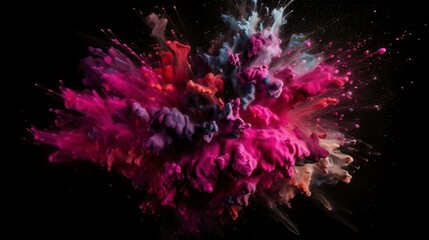 A Flourish of magenta Paint Splashes Ignites a Fantasy Explosion on a Black background, Enveloping Free Space in Creative Energy. Generative AI