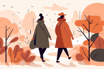 A couple of women walking through the park in autumn