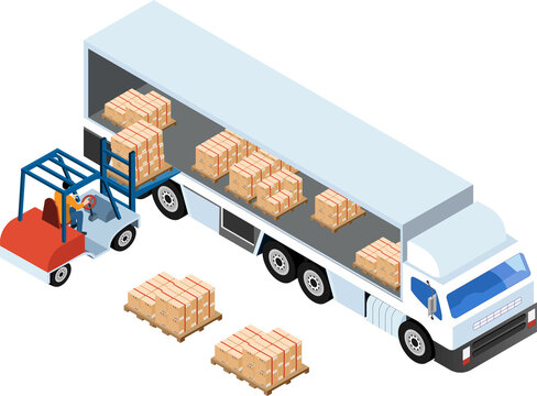 Forklift Loading Pallet Boxes into Truck. Isometric illustration