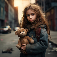 An In the Middle of an Empty Street is a Girl Holding her Stuffed Animal. She is Wearing Dirty Clothes. Behind her are empty and Broken Buildings. The Girl's Face is Confused and Scared.