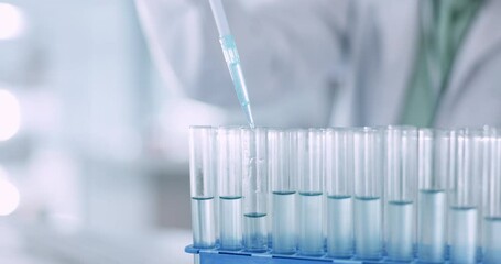 Lab scientist, test tube and person doing chemical extraction, medicine innovation or fluid investigation, study or process. Science experiment, closeup equipment or person working on liquid solution