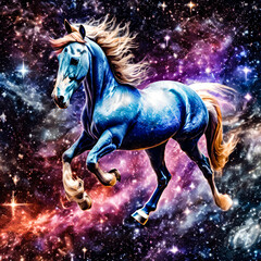 Obraz na płótnie Canvas a blue horse is galloping through the space