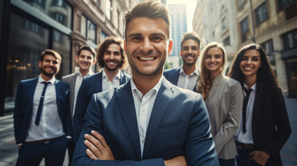 Obraz premium A successful business team, businessman with arms crossed, businessman credibility, looking at the camera with a smile.
