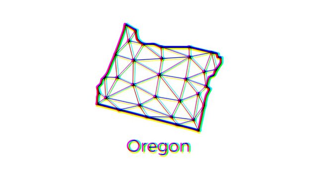 Oregon state map animation in polygonal style with glitch effect, 4k resolution video, US states motion graphics