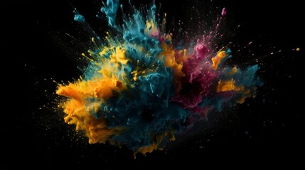 A Flourish of navy blue Paint Splashes Ignites a Fantasy Explosion on a black background, Enveloping Free Space in Creative Energy. Generative AI