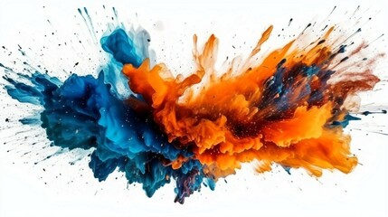 A Flourish of orange and blue Paint Splashes Ignites a Fantasy Explosion on a white background, Enveloping Free Space in Creative Energy. Generative AI