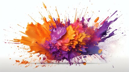 A Flourish of orange and purple Paint Splashes Ignites a Fantasy Explosion on a white background, Enveloping Free Space in Creative Energy. Generative AI