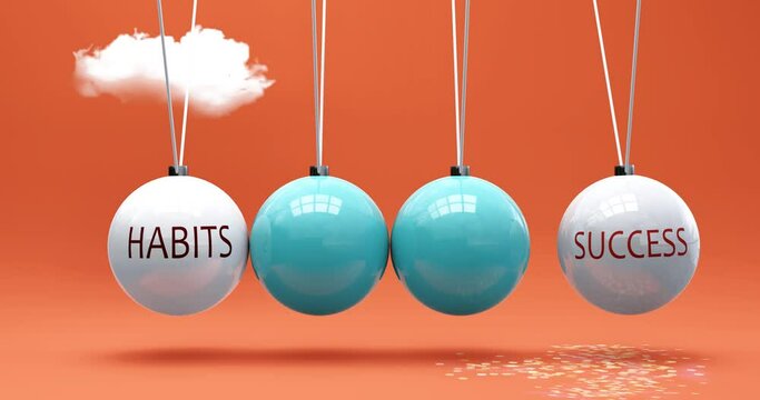 Habits leads to success. A Newton cradle metaphor in which habits gives power to set success in motion. Cause and effect relation between habits and success. Can be looped