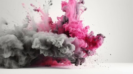 A Flourish of pink and grey Paint Splashes Ignites a Fantasy Explosion on a white background, Enveloping Free Space in Creative Energy. Generative AI