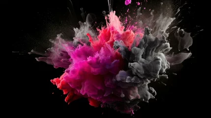 Foto op Aluminium A Flourish of pink and grey Paint Splashes Ignites a Fantasy Explosion on a black background, Enveloping Free Space in Creative Energy. Generative AI © ShadowHero