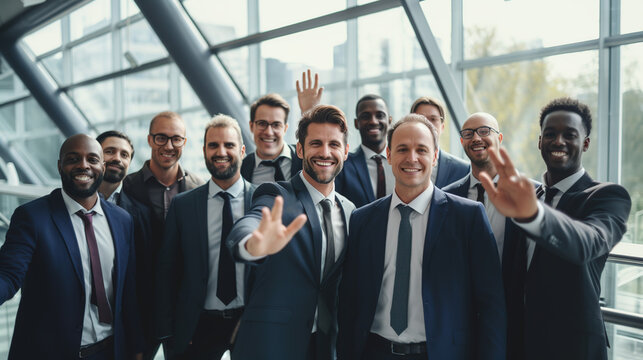 A Happy of a group of various businessmen. man smiling with hand raised independent businessman business cooperation Exchange meetings, shake hands, real photos.