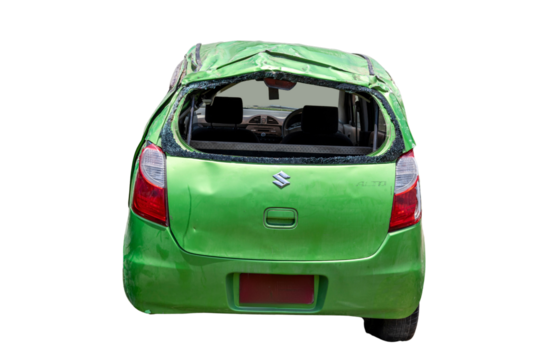 Small hatchback car crushed in road accident