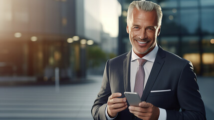 An Senior businessman holding his smartphone He wore a gray suit and tie.