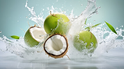 A coconuts floating in the air Surrounded by lively coconut water The white background provides a stark contrast that emphasizes the bright green fruit and bright splashes of juice. - obrazy, fototapety, plakaty