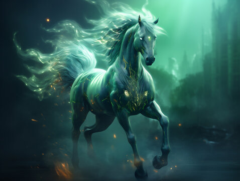 Animal espiritual en forma de caballo majestuoso, fantas&iacute;a, m&iacute;stico, espiritual, color verde claro m&iacute;stico