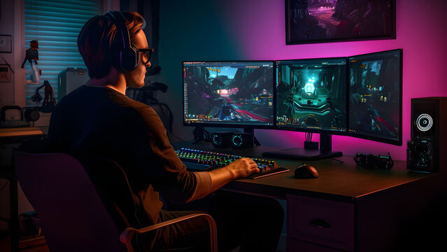 A multi monitor gaming setup with a high-performance gaming computer with RGB lighting, a gamer seated on an ergonomic chair and using a gaming mouse and keyboard, neural network generated image