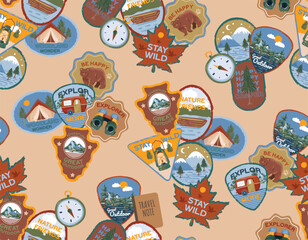 Seamless pattern Cute Outdoor Summer Camp Patches ,Badge Hand drawn and vector Illustration