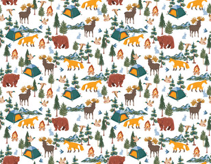 Obraz premium Happy Camper in forest. with animal and Equipment Weekend, vacation on nature. Seamless pattern Vector illustration