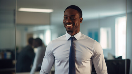 A photorealism of black man dressed for work happy tie in front of mirror