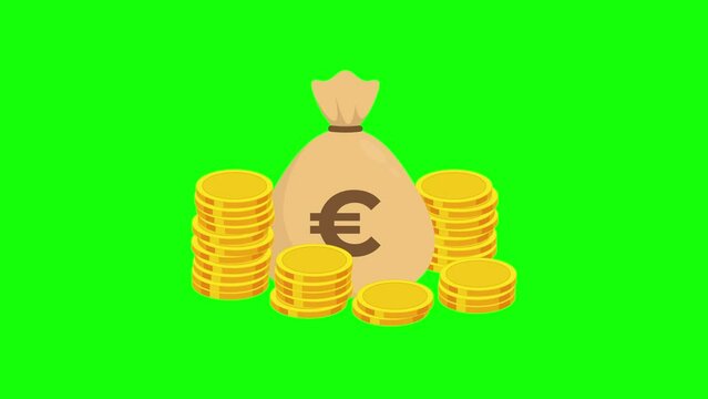 Money bag and stack of coins with euro currency sign. Money bag animation on a green screen. Wealth, financial, business, savings and banking concept.