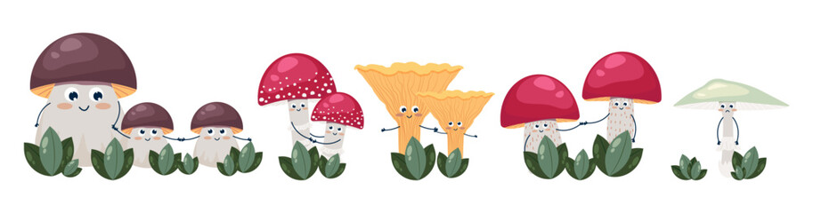 Set Funny mushrooms with faces, Childrens cartoon characters Edible and inedible mushrooms, Vector illustration.