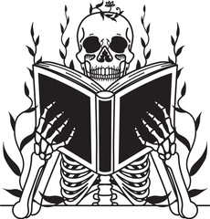 Skeleton holding book for design element. Vector illustration. Editable stroke thickness.