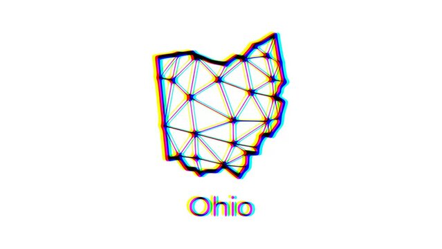 Ohio state map animation in polygonal style with glitch effect, 4k resolution video, US states motion graphics